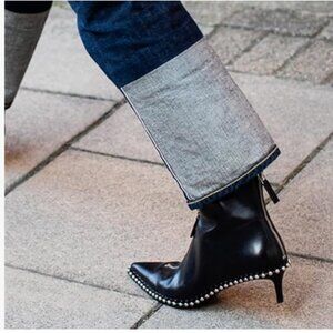 Black-studs Front Rear Double Zips Ankle Boots Closed Toe Low Thin Heel Booties